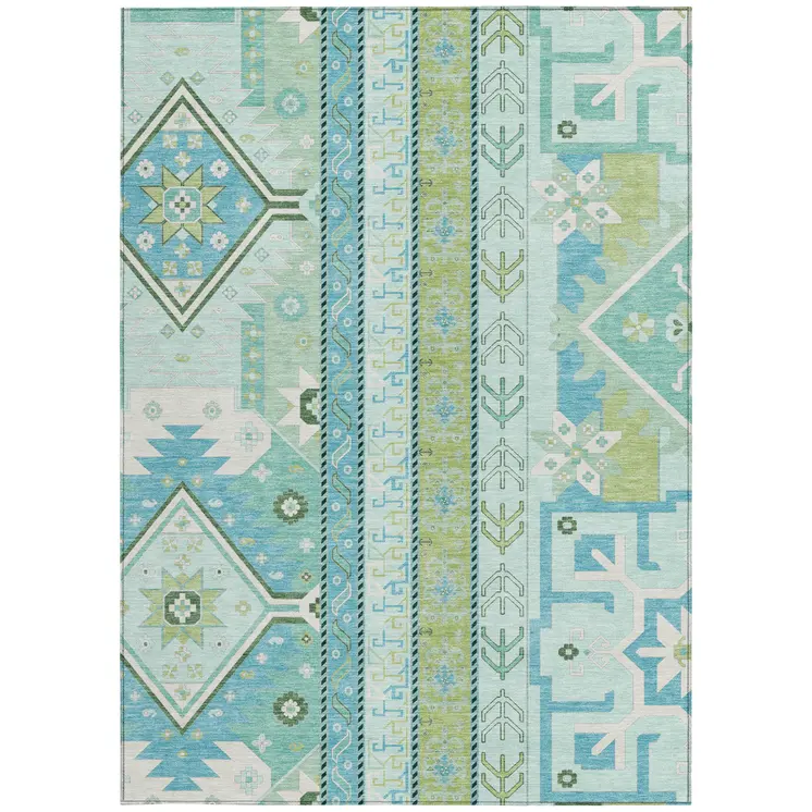 10' X 14' Mint Green Blue And Ivory Aztec Washable Indoor Outdoor Area Rug