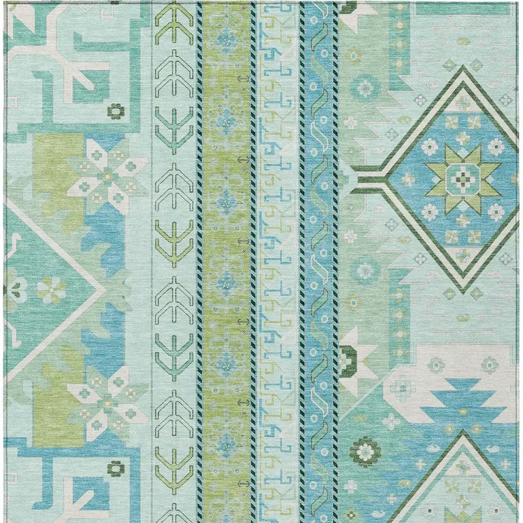 10' X 14' Mint Green Blue And Ivory Aztec Washable Indoor Outdoor Area Rug