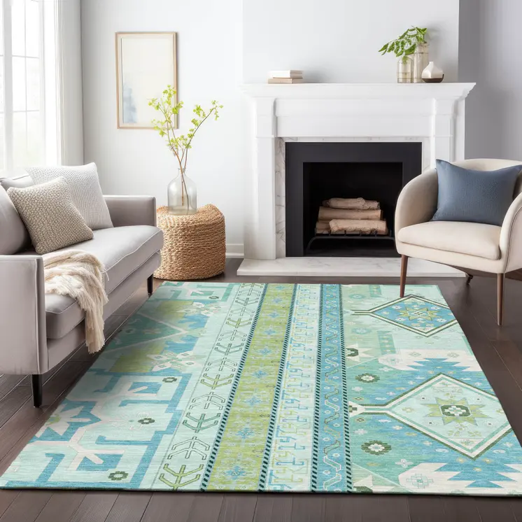 10' X 14' Mint Green Blue And Ivory Aztec Washable Indoor Outdoor Area Rug