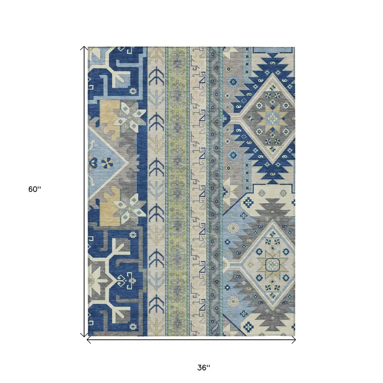 3' X 5' Navy Blue Green And Gray Aztec Washable Indoor Outdoor Area Rug
