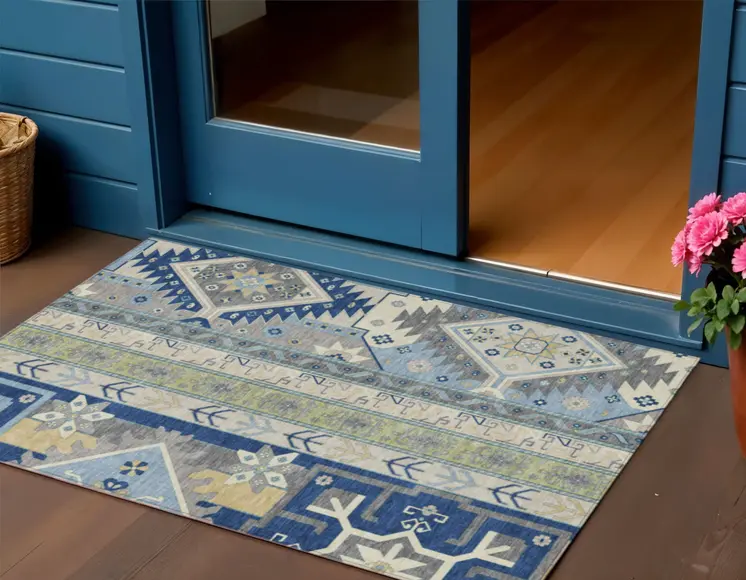3' X 5' Navy Blue Green And Gray Aztec Washable Indoor Outdoor Area Rug