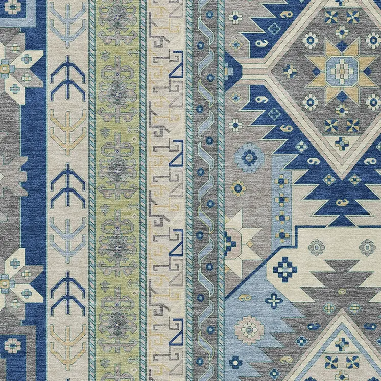 3' X 5' Navy Blue Green And Gray Aztec Washable Indoor Outdoor Area Rug