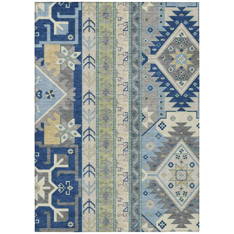 5' X 8' Navy Blue Green And Gray Aztec Washable Indoor Outdoor Area Rug