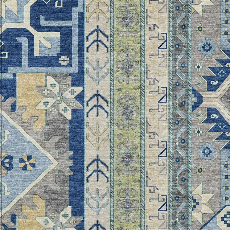 5' X 8' Navy Blue Green And Gray Aztec Washable Indoor Outdoor Area Rug