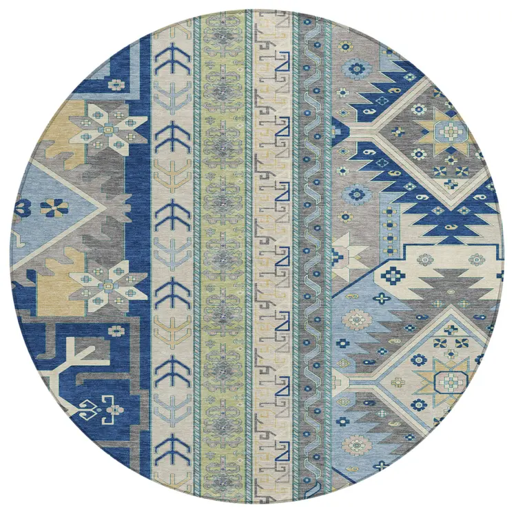 8' Navy Blue Green And Gray Round Aztec Washable Indoor Outdoor Area Rug