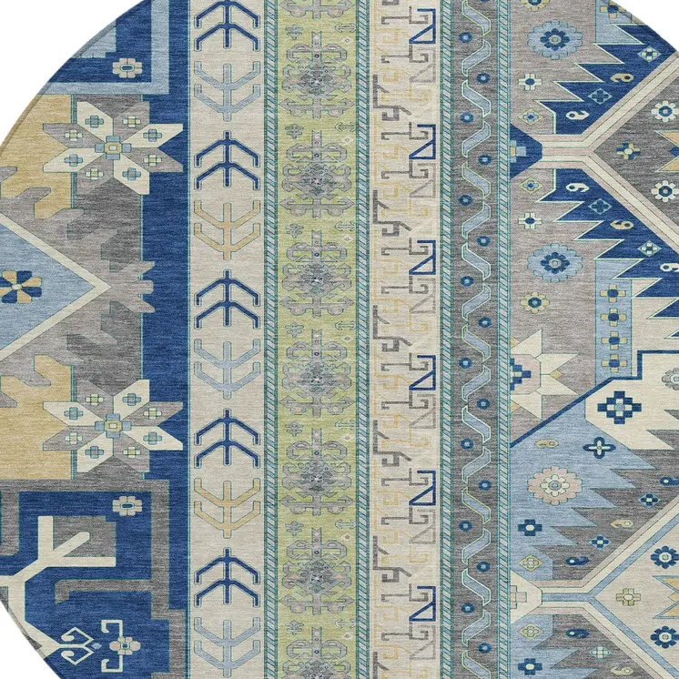 8' Navy Blue Green And Gray Round Aztec Washable Indoor Outdoor Area Rug