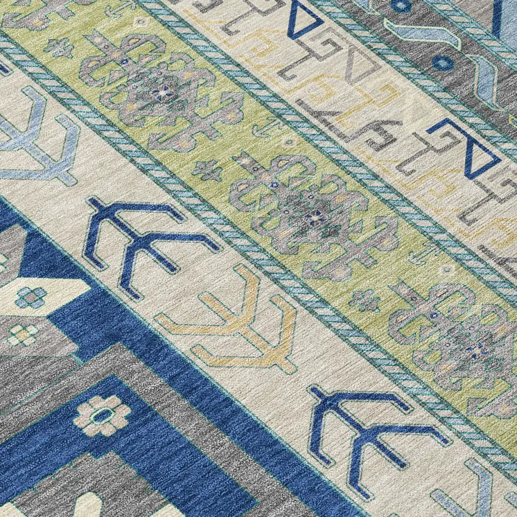 8' Navy Blue Green And Gray Round Aztec Washable Indoor Outdoor Area Rug