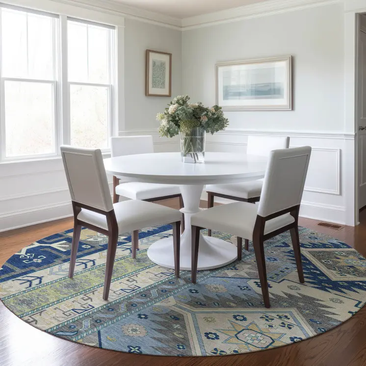 8' Navy Blue Green And Gray Round Aztec Washable Indoor Outdoor Area Rug