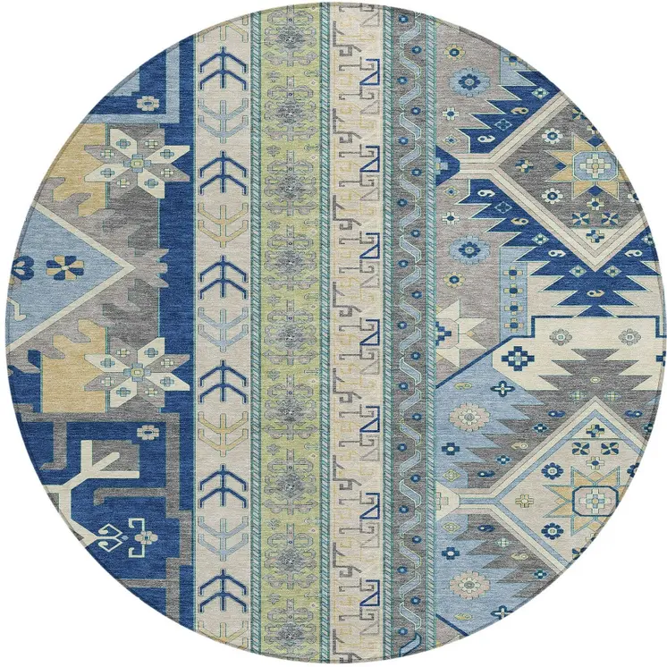 8' Navy Blue Green And Gray Round Aztec Washable Indoor Outdoor Area Rug