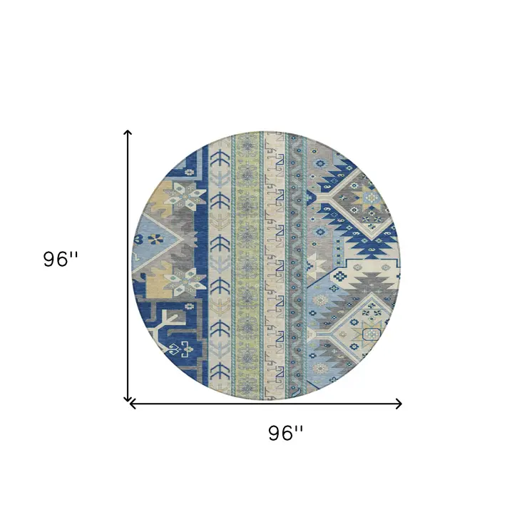 8' Navy Blue Green And Gray Round Aztec Washable Indoor Outdoor Area Rug