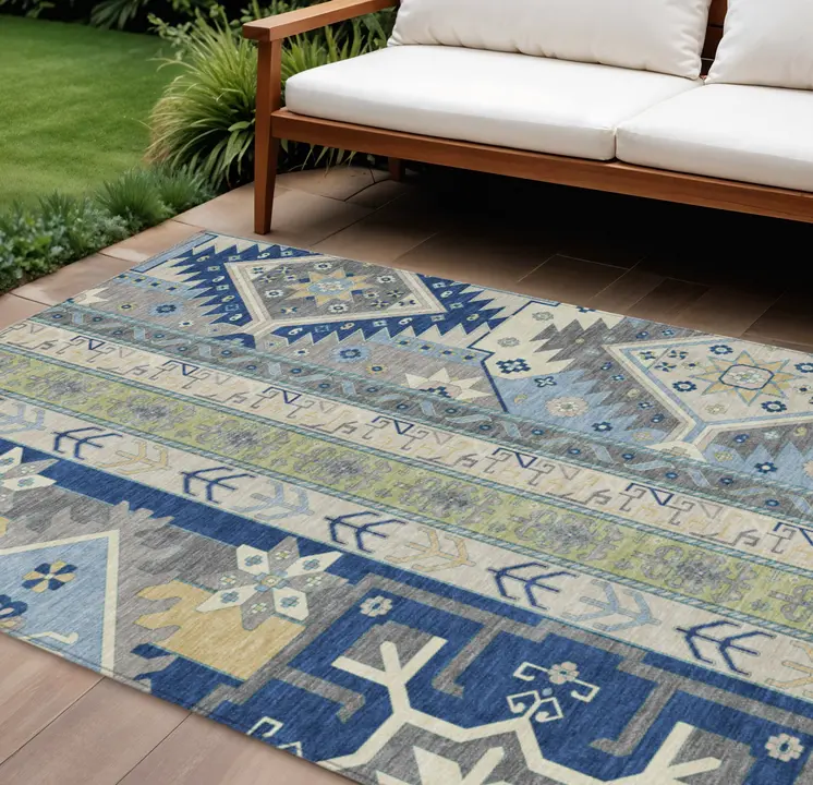 8' X 10' Navy Blue Green And Gray Aztec Washable Indoor Outdoor Area Rug