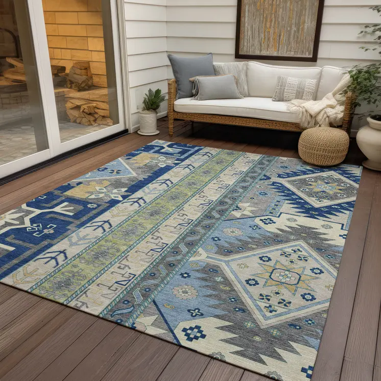 8' X 10' Navy Blue Green And Gray Aztec Washable Indoor Outdoor Area Rug