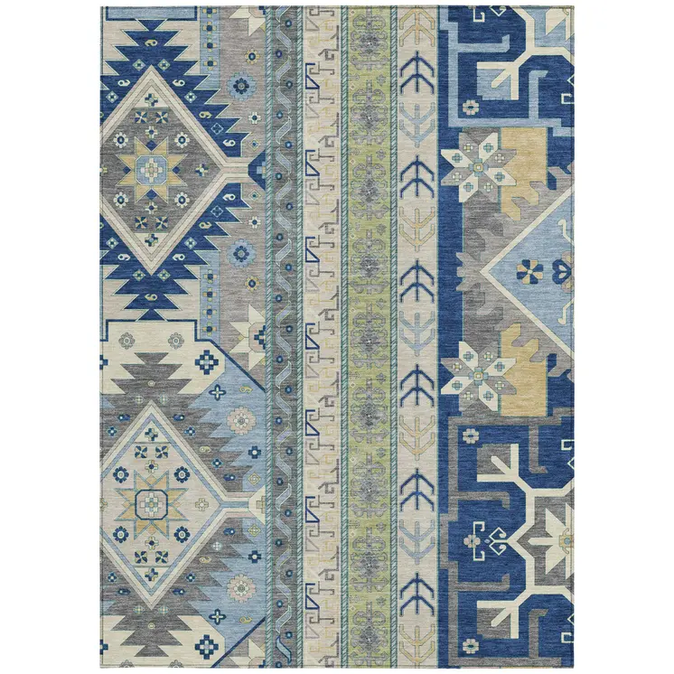 9' X 12' Navy Blue Green And Gray Aztec Washable Indoor Outdoor Area Rug