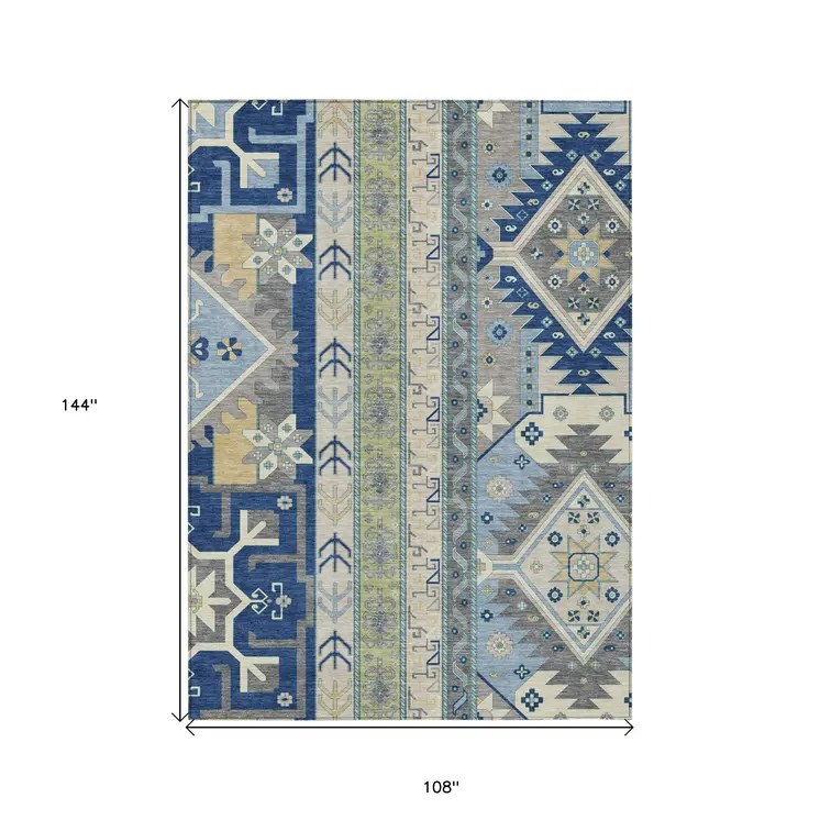 9' X 12' Navy Blue Green And Gray Aztec Washable Indoor Outdoor Area Rug