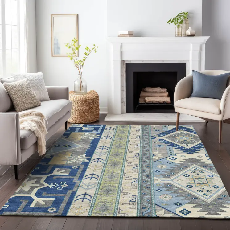 10' X 14' Navy Blue Green And Gray Aztec Washable Indoor Outdoor Area Rug