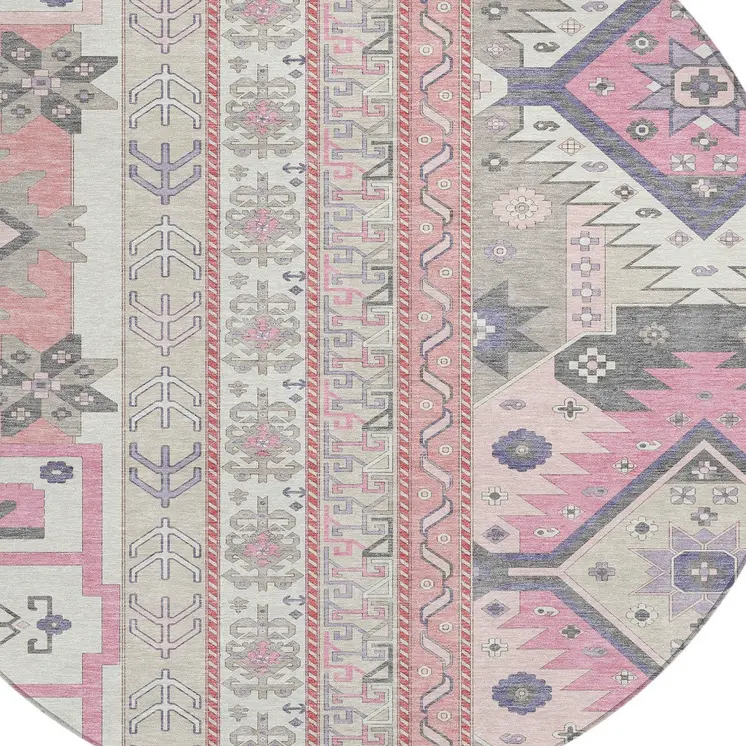 8' Pink Gray And Ivory Round Aztec Washable Indoor Outdoor Area Rug