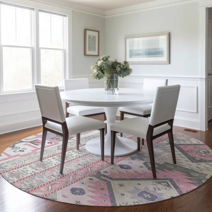 8' Pink Gray And Ivory Round Aztec Washable Indoor Outdoor Area Rug