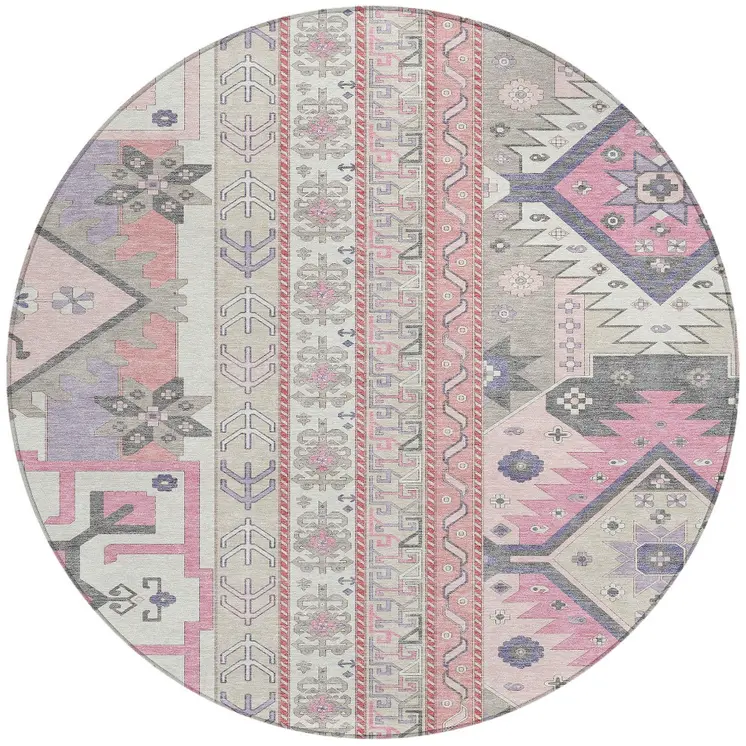 8' Pink Gray And Ivory Round Aztec Washable Indoor Outdoor Area Rug