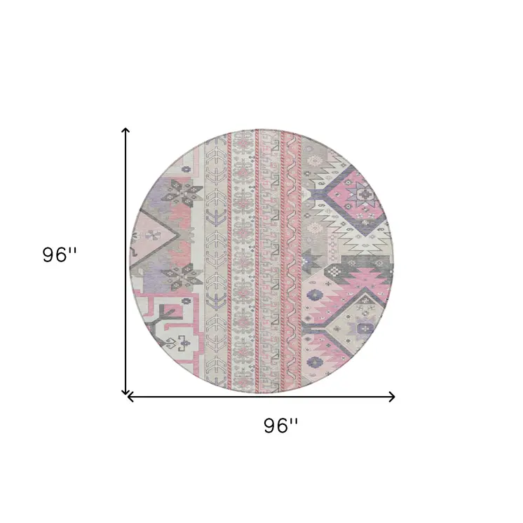 8' Pink Gray And Ivory Round Aztec Washable Indoor Outdoor Area Rug