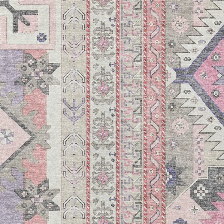 9' X 12' Pink Gray And Ivory Aztec Washable Indoor Outdoor Area Rug