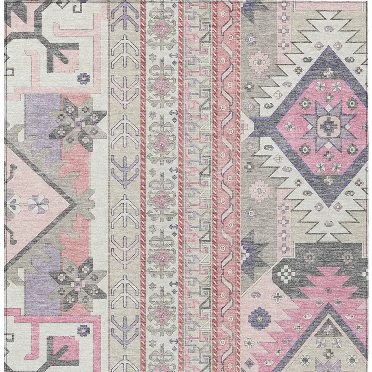 10' X 14' Pink Gray And Ivory Aztec Washable Indoor Outdoor Area Rug