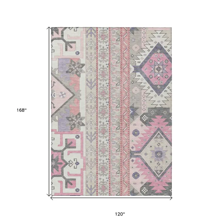 10' X 14' Pink Gray And Ivory Aztec Washable Indoor Outdoor Area Rug