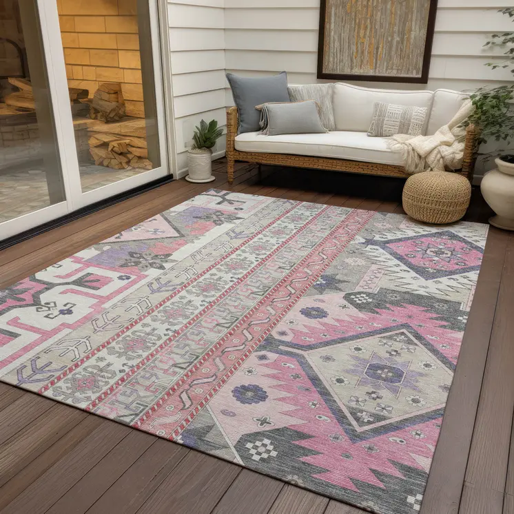 10' X 14' Pink Gray And Ivory Aztec Washable Indoor Outdoor Area Rug