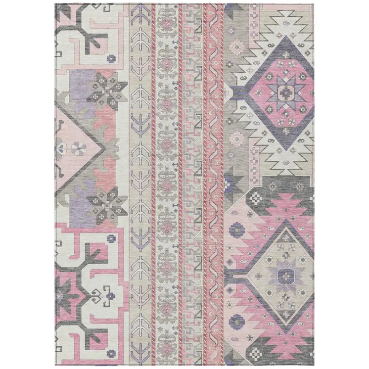10' X 14' Pink Gray And Ivory Aztec Washable Indoor Outdoor Area Rug