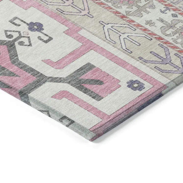 10' X 14' Pink Gray And Ivory Aztec Washable Indoor Outdoor Area Rug