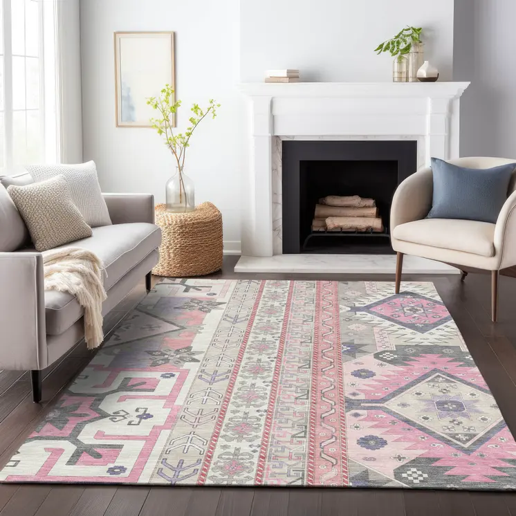 10' X 14' Pink Gray And Ivory Aztec Washable Indoor Outdoor Area Rug