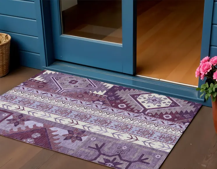 3' X 5' Purple Lavender And Ivory Aztec Washable Indoor Outdoor Area Rug