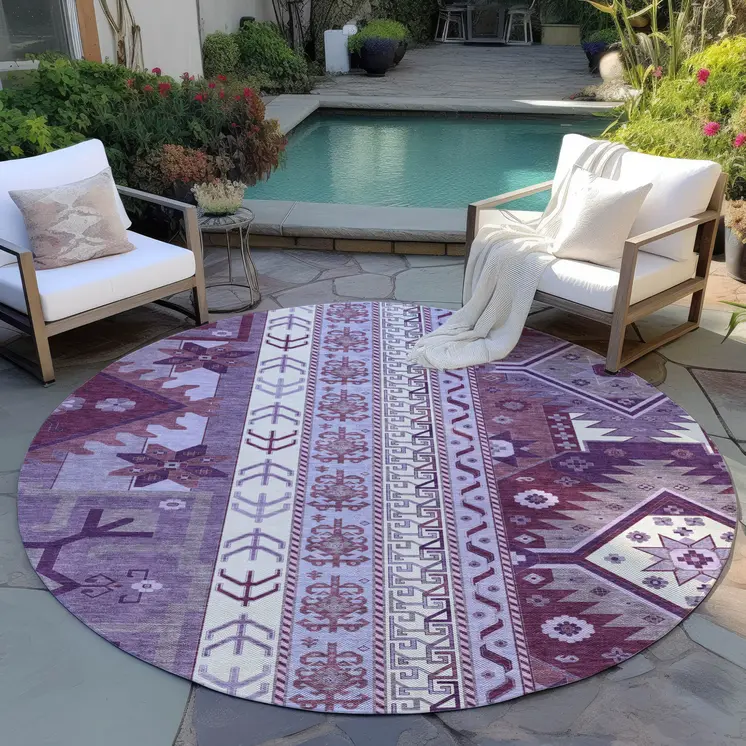 8' Purple Lavender And Ivory Round Aztec Washable Indoor Outdoor Area Rug