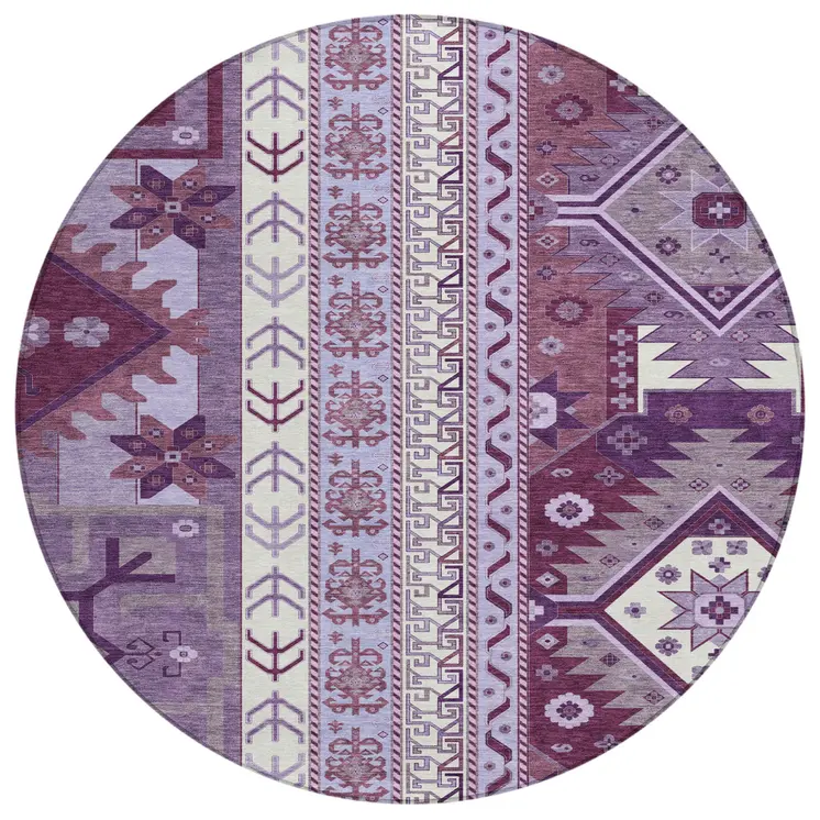 8' Purple Lavender And Ivory Round Aztec Washable Indoor Outdoor Area Rug