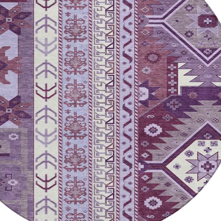 8' Purple Lavender And Ivory Round Aztec Washable Indoor Outdoor Area Rug