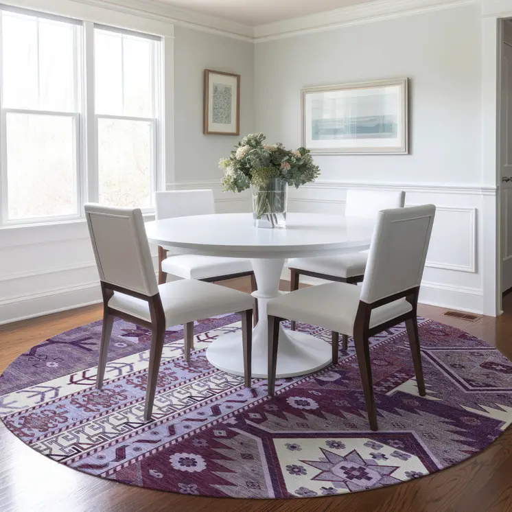 8' Purple Lavender And Ivory Round Aztec Washable Indoor Outdoor Area Rug