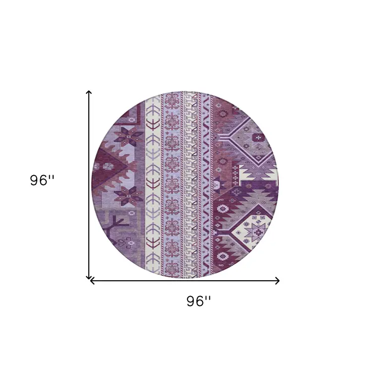 8' Purple Lavender And Ivory Round Aztec Washable Indoor Outdoor Area Rug