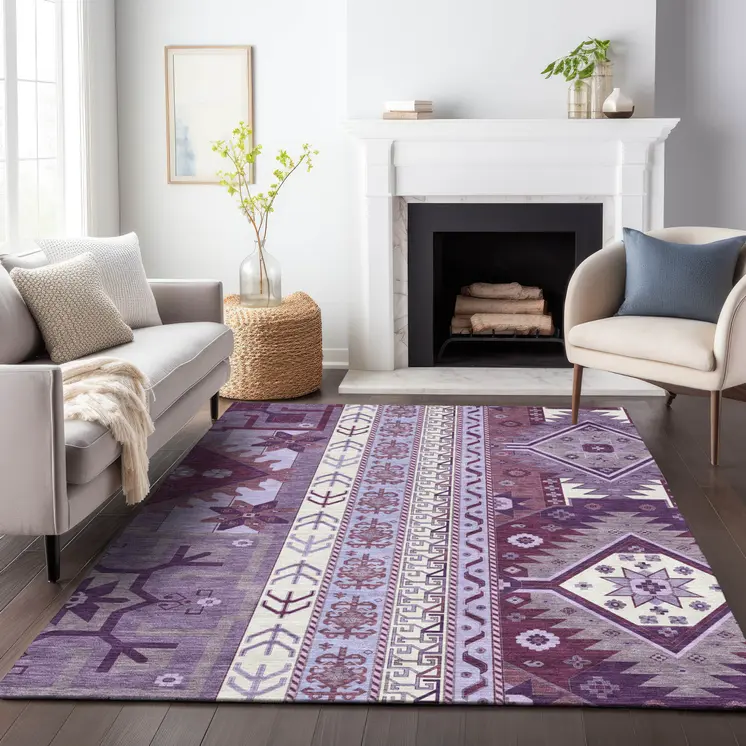 9' X 12' Purple Lavender And Ivory Aztec Washable Indoor Outdoor Area Rug