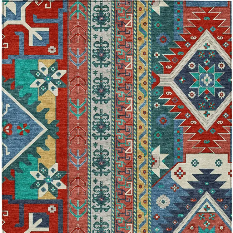 3' X 5' Red Pink And Teal Blue Aztec Washable Indoor Outdoor Area Rug