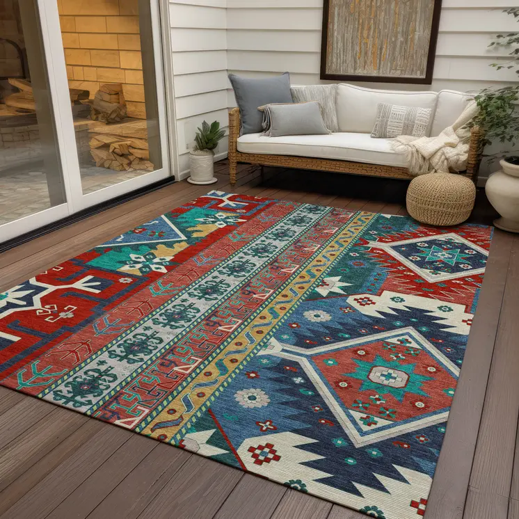 3' X 5' Red Pink And Teal Blue Aztec Washable Indoor Outdoor Area Rug