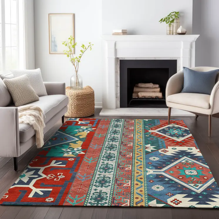 3' X 5' Red Pink And Teal Blue Aztec Washable Indoor Outdoor Area Rug