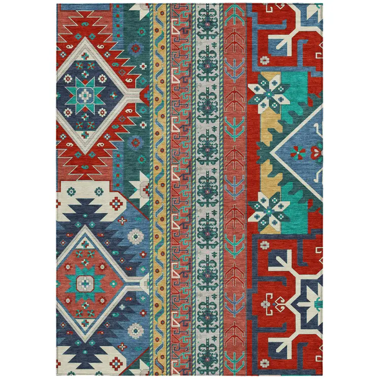 5' X 8' Red Pink And Teal Blue Aztec Washable Indoor Outdoor Area Rug