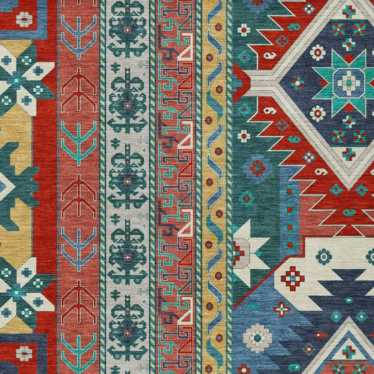 5' X 8' Red Pink And Teal Blue Aztec Washable Indoor Outdoor Area Rug