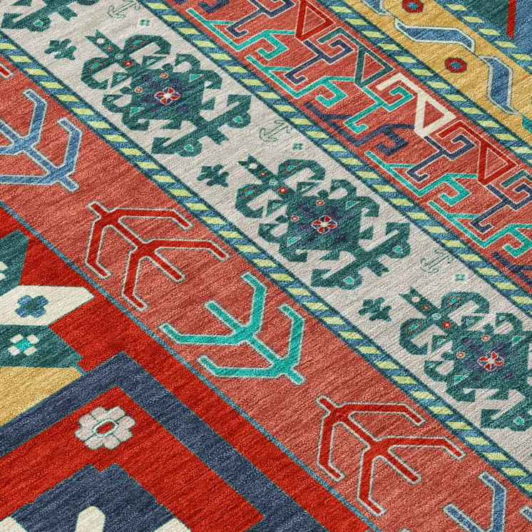 5' X 8' Red Pink And Teal Blue Aztec Washable Indoor Outdoor Area Rug