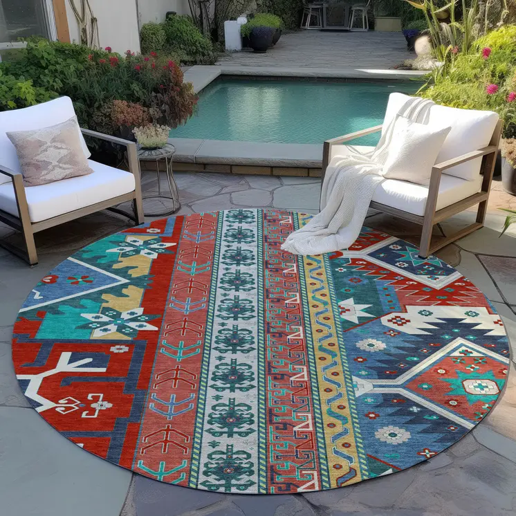 8' Red Pink And Teal Blue Round Aztec Washable Indoor Outdoor Area Rug