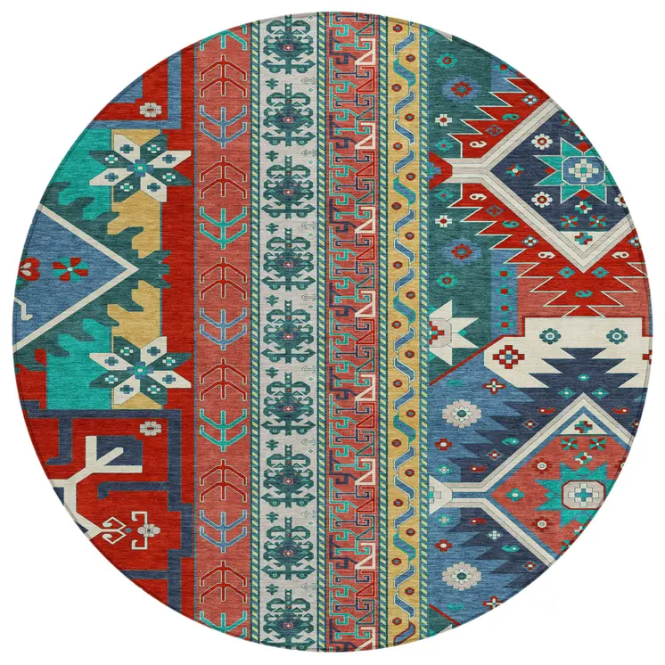 8' Red Pink And Teal Blue Round Aztec Washable Indoor Outdoor Area Rug