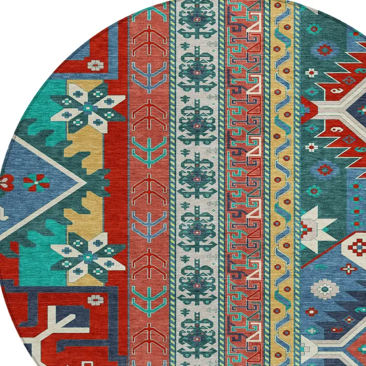 8' Red Pink And Teal Blue Round Aztec Washable Indoor Outdoor Area Rug