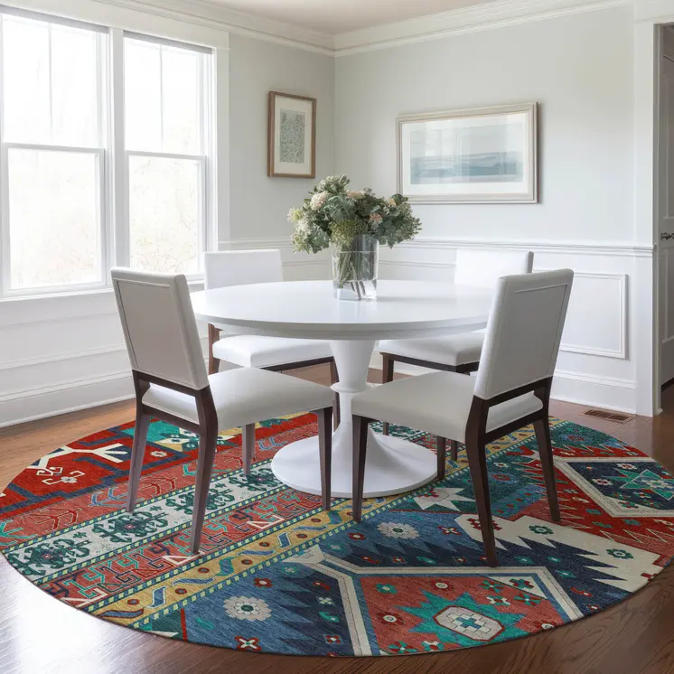 8' Red Pink And Teal Blue Round Aztec Washable Indoor Outdoor Area Rug