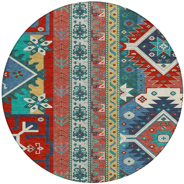 8' Red Pink And Teal Blue Round Aztec Washable Indoor Outdoor Area Rug