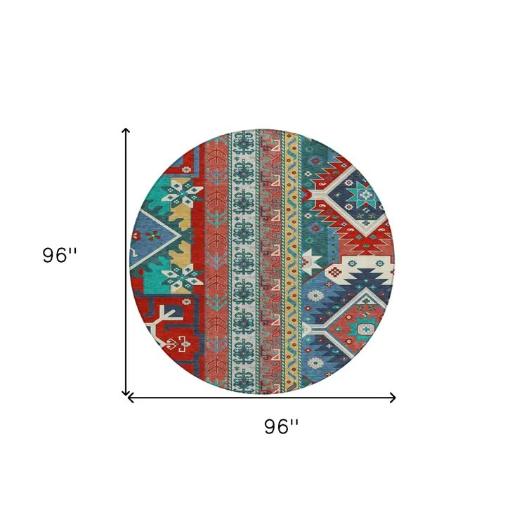 8' Red Pink And Teal Blue Round Aztec Washable Indoor Outdoor Area Rug