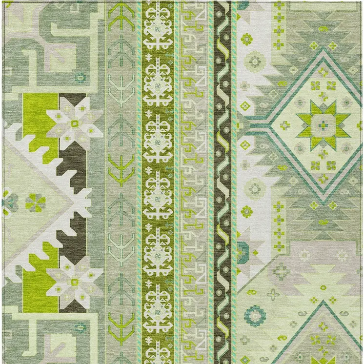 5' X 8' Sage Olive Green And Ivory Aztec Washable Indoor Outdoor Area Rug